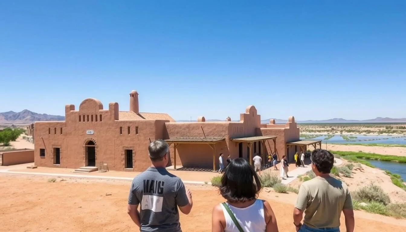 Historic buildings at Colorado River State Historic Park with the Colorado River in the background on a sunny day