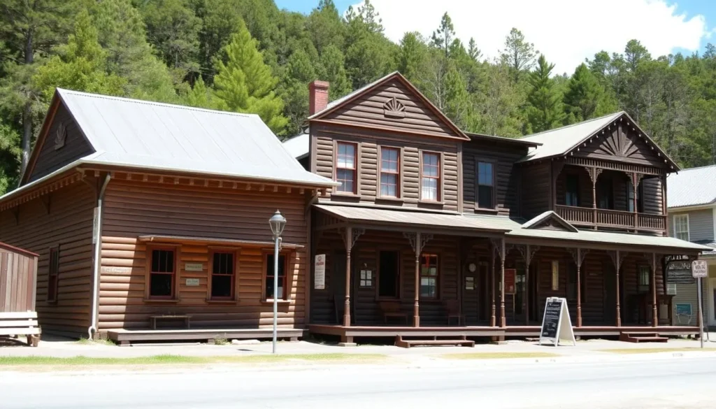 Historic buildings in Corinna Tasmania showing gold rush heritage