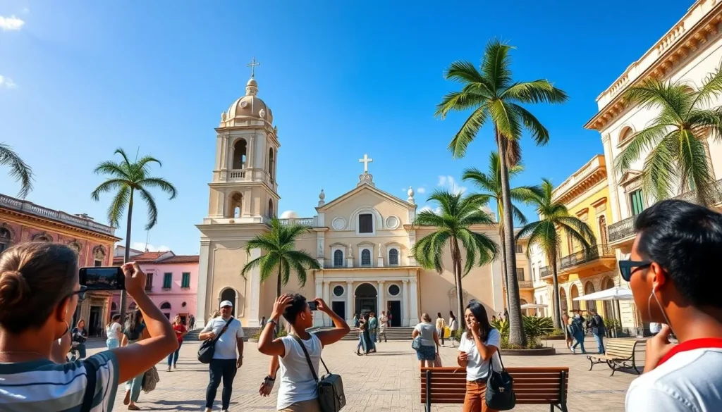 Historic church and main plaza in Santo Domingo Cuba with tourists exploring