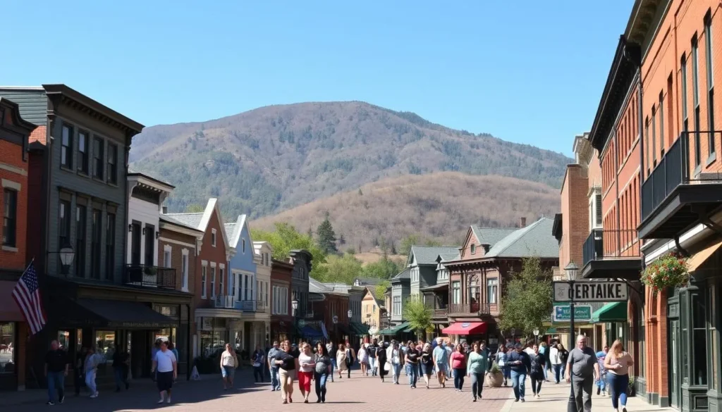 Historic downtown Jim Thorpe with Victorian architecture and mountain backdrop Historic downtown Jim Thorpe with Victorian architecture and mountain backdrop