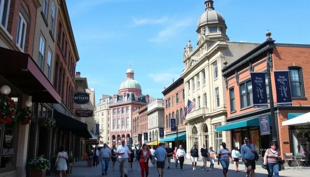 Historic downtown Ottawa near LaSalle Lake State Park showing architecture and visitors exploring the area Historic downtown Ottawa near LaSalle Lake State Park showing architecture and visitors exploring the area