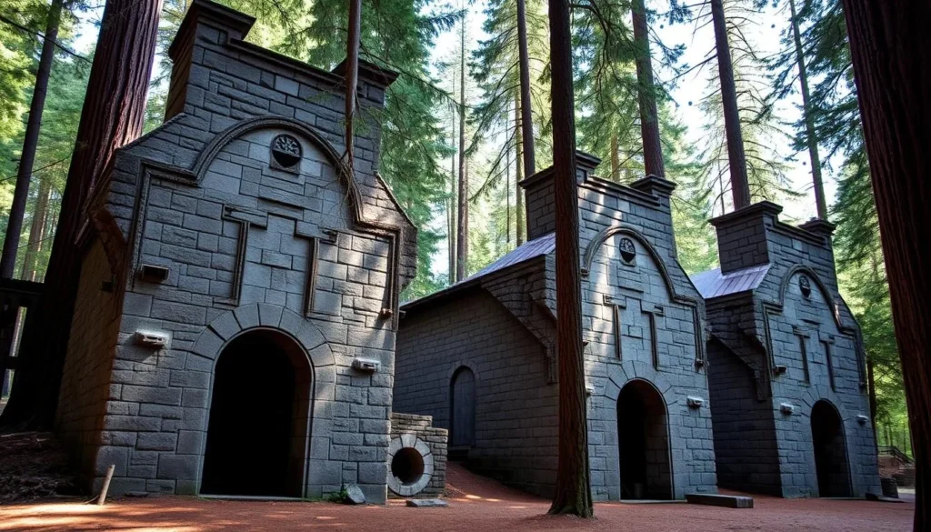 Historic lime kilns at Limekiln State Park showing the four massive stone structures surrounded by redwood forest Historic lime kilns at Limekiln State Park showing the four massive stone structures surrounded by redwood forest