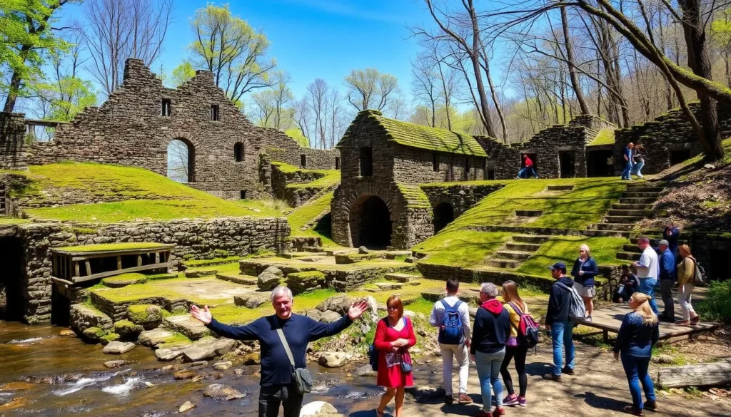 Historic mill ruins along Skippack Creek at Evansburg State Park Pennsylvania with visitors exploring the stone structures