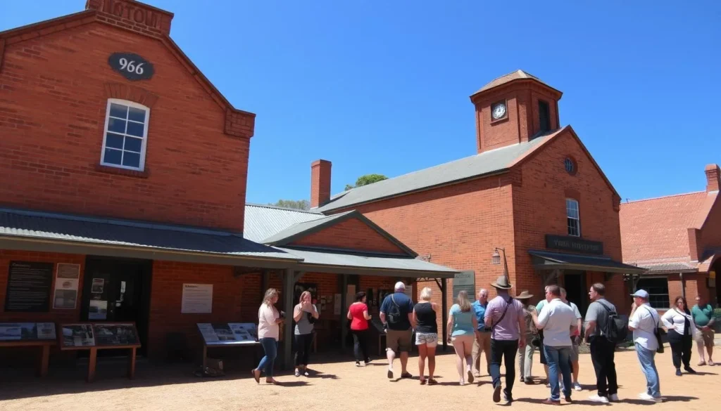 Historic mining buildings in Moonta on Yorke Peninsula South Australia with diverse tourists exploring