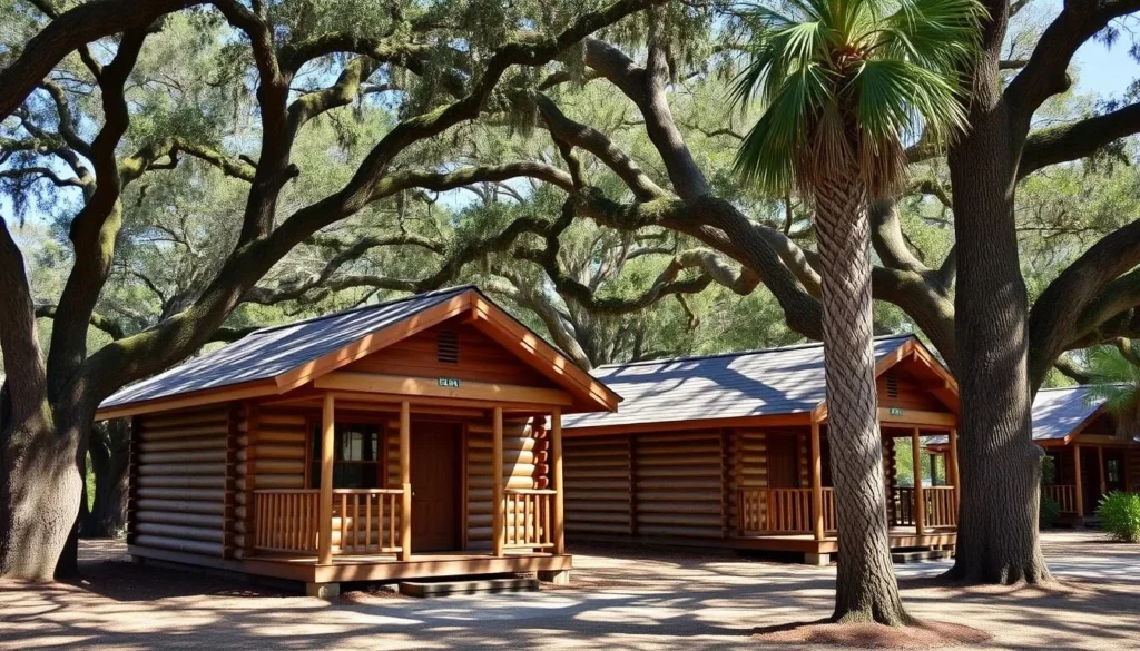 Historic palm log cabins at Myakka River State Park surrounded by oak trees