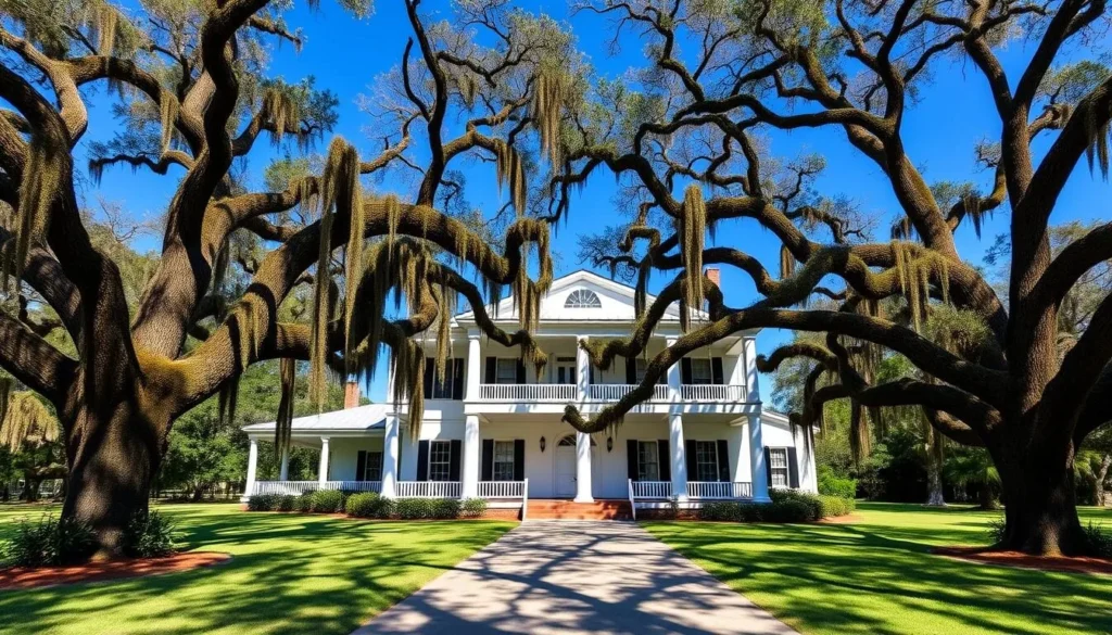 Historic plantation home near Bayou Macon Louisiana with oak trees Historic plantation home near Bayou Macon Louisiana with oak trees