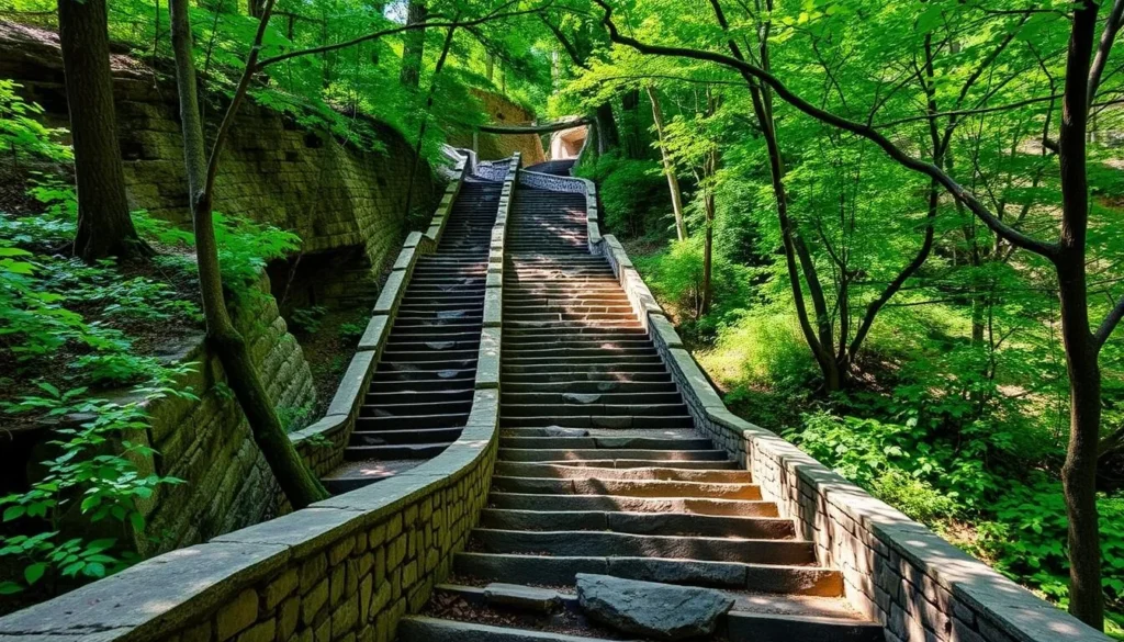 Historic stone staircase at Bell Smith Springs Recreation Area Illinois leading down to the canyon