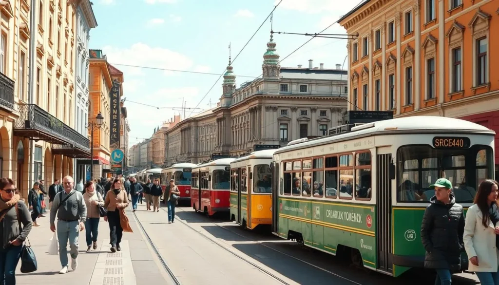 Historic street in Smolensk with trolleybuses and pedestrians