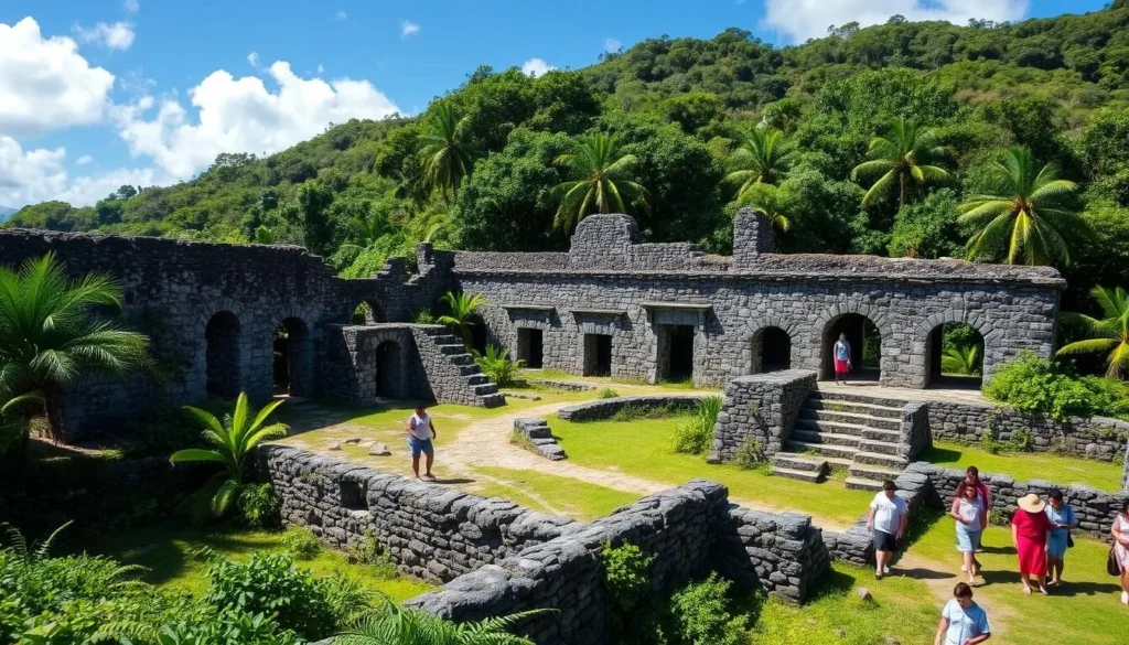 Historic sugar mill ruins in Cotton Ground, Nevis surrounded by lush tropical vegetation Historic sugar mill ruins in Cotton Ground, Nevis surrounded by lush tropical vegetation
