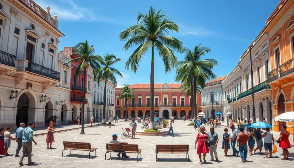 Historic town square in San Cristobal with colonial architecture and locals gathering
