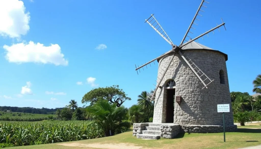Historic windmill at Habitation Bellevue distillery on Marie-Galante