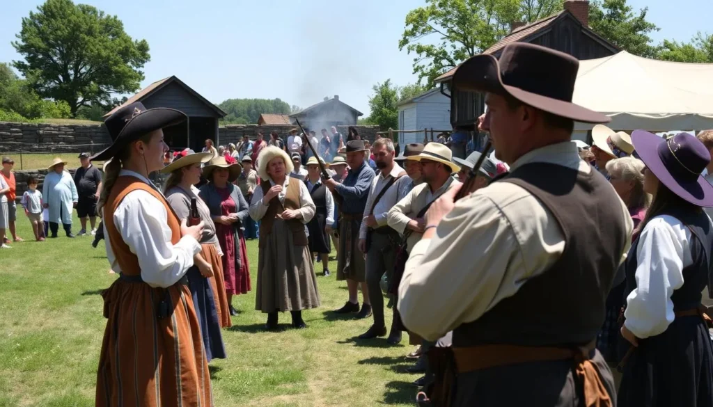 Historical reenactment event at Fort LeBoeuf with people in period costumes Historical reenactment event at Fort LeBoeuf with people in period costumes