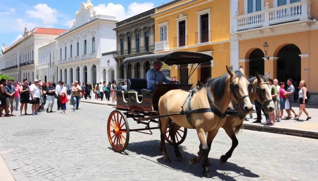 Horse-drawn carriage on cobblestone street in Sancti Spiritus