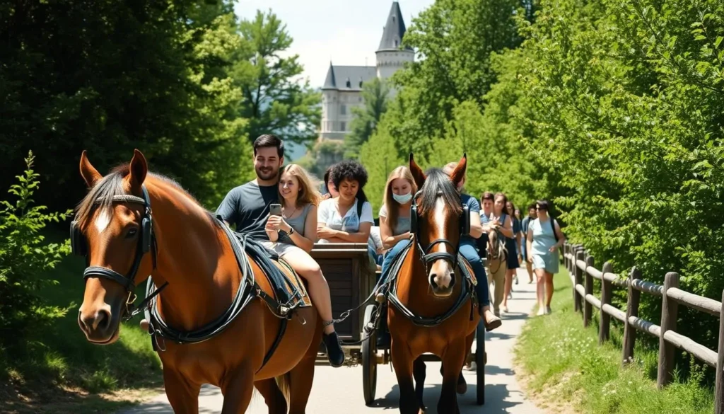 Horse-drawn carriage taking tourists up the path to Neuschwanstein Castle
