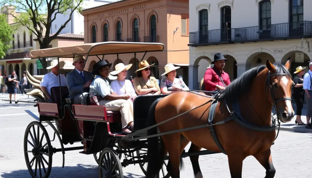 Horse-drawn carriage tour in Old Sacramento State Historic Park with diverse tourists enjoying a ride along cobblestone streets Horse-drawn carriage tour in Old Sacramento State Historic Park with diverse tourists enjoying a ride along cobblestone streets