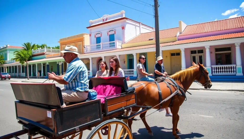 Horse-drawn carriage transporting tourists through the streets of Viñales town with colorful houses in the background