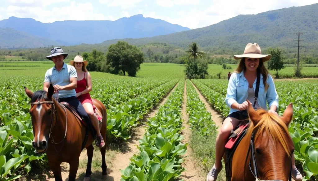 Horseback riding through tobacco fields near Ranchuelo Cuba with mountain views
