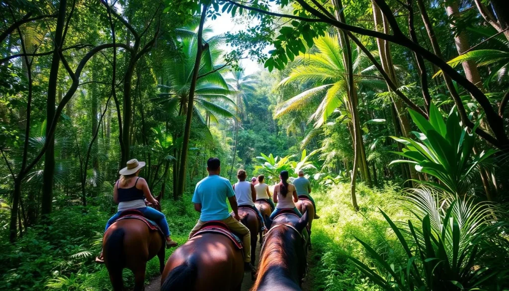 Horseback riding tour through tropical forest trails near Les Trois-Ilets