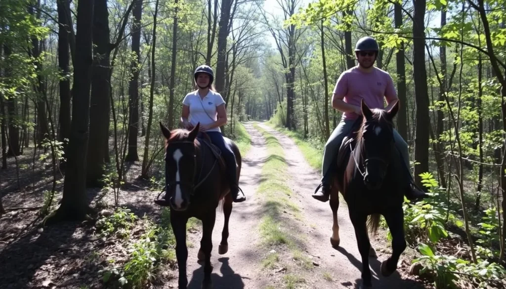 Horseback riding trails at Jubilee College State Park Illinois with riders exploring wooded paths Horseback riding trails at Jubilee College State Park Illinois with riders exploring wooded paths