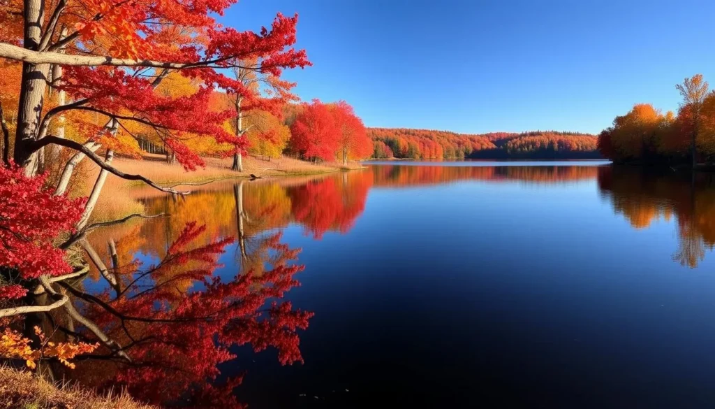 Horseshoe Lake State Park Illinois in autumn with colorful foliage reflecting in calm waters Horseshoe Lake State Park Illinois in autumn with colorful foliage reflecting in calm waters