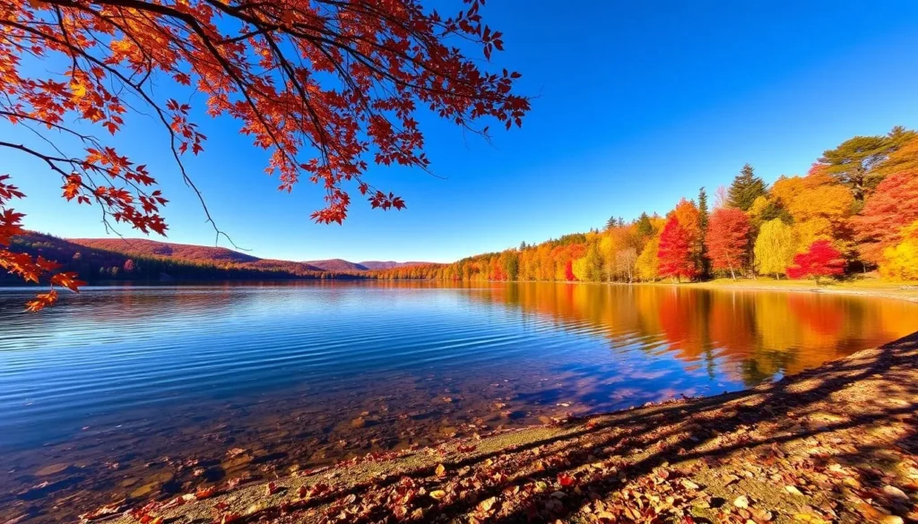 Horseshoe Lake in autumn with colorful fall foliage reflecting in calm waters Horseshoe Lake in autumn with colorful fall foliage reflecting in calm waters