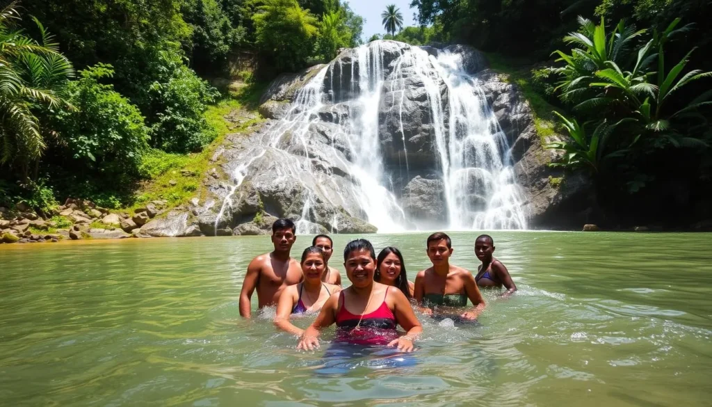 Hosororo Falls in Mabaruma with people enjoying the water