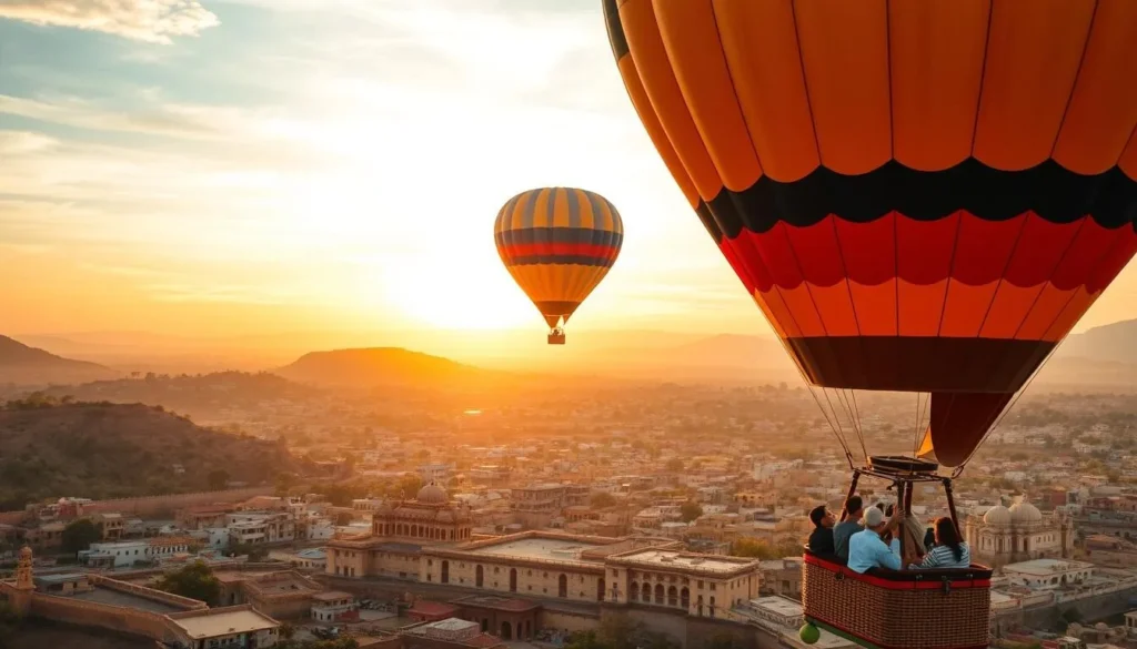 Hot air balloons floating over Jaipur at sunrise with views of forts and palaces below