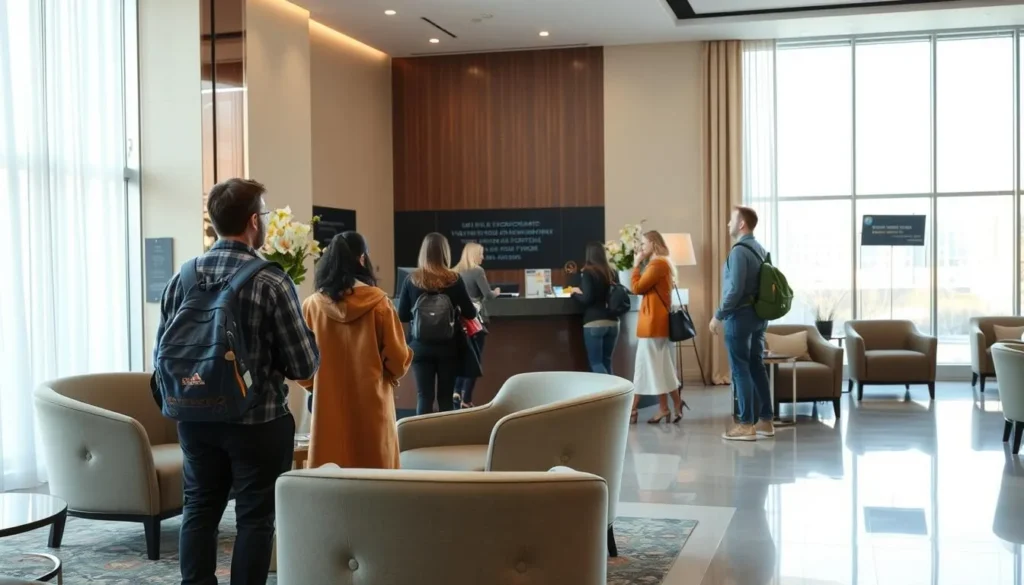 Hotel lobby in Yekaterinburg with tourists checking in