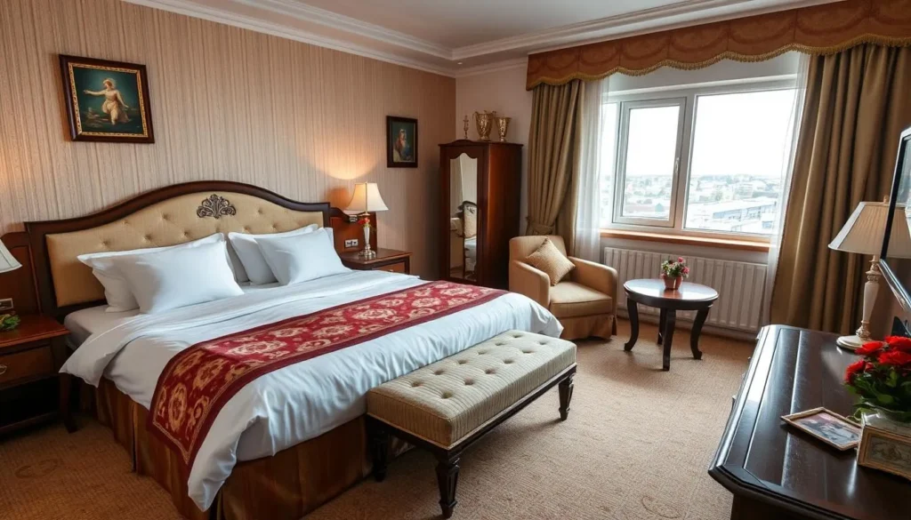 Hotel room with traditional Russian decor in Yaroslavl