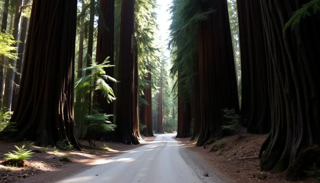 Howland Hill Road winding through towering redwoods in Jedediah Smith Redwoods State Park Howland Hill Road winding through towering redwoods in Jedediah Smith Redwoods State Park