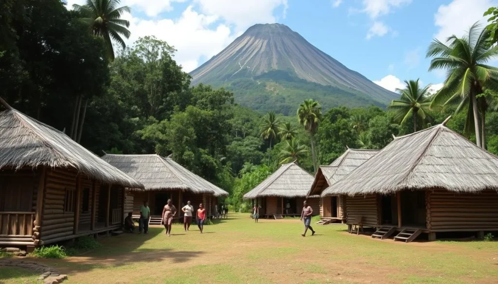 Indigenous Patamona village in the Pacaraima Mountains with traditional structures and mountain backdrop