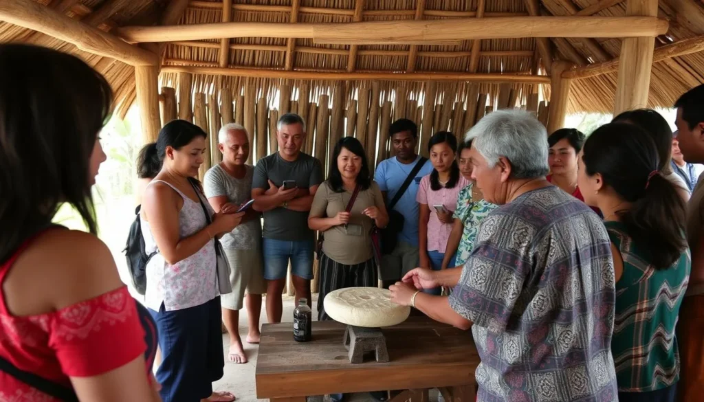 Indigenous community member demonstrating traditional cassava bread making to interested tourists