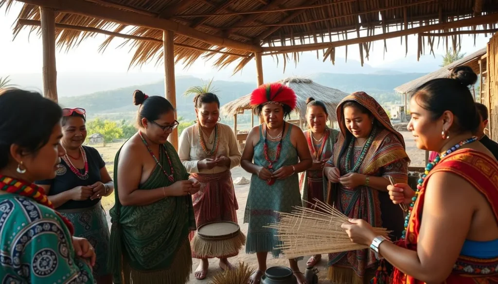 Indigenous community members demonstrating traditional crafts to visitors in a village near the Kanuku Mountains Indigenous community members demonstrating traditional crafts to visitors in a village near the Kanuku Mountains