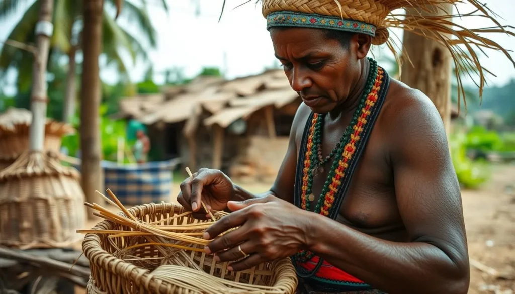 Indigenous craftsperson demonstrating traditional basket weaving techniques in a Rupununi village