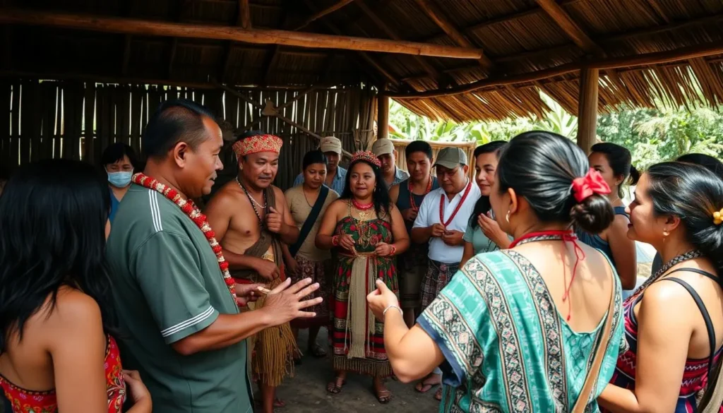Indigenous cultural demonstration with tourists participating in traditional activities