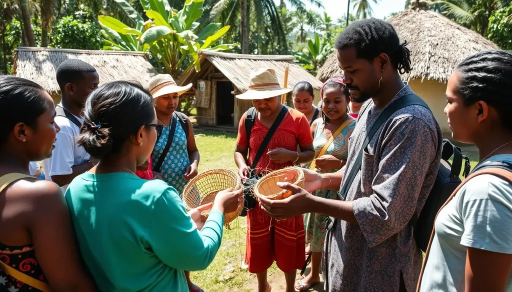 Indigenous guide demonstrating traditional crafts and skills to tourists at Iwokrama Indigenous guide demonstrating traditional crafts and skills to tourists at Iwokrama