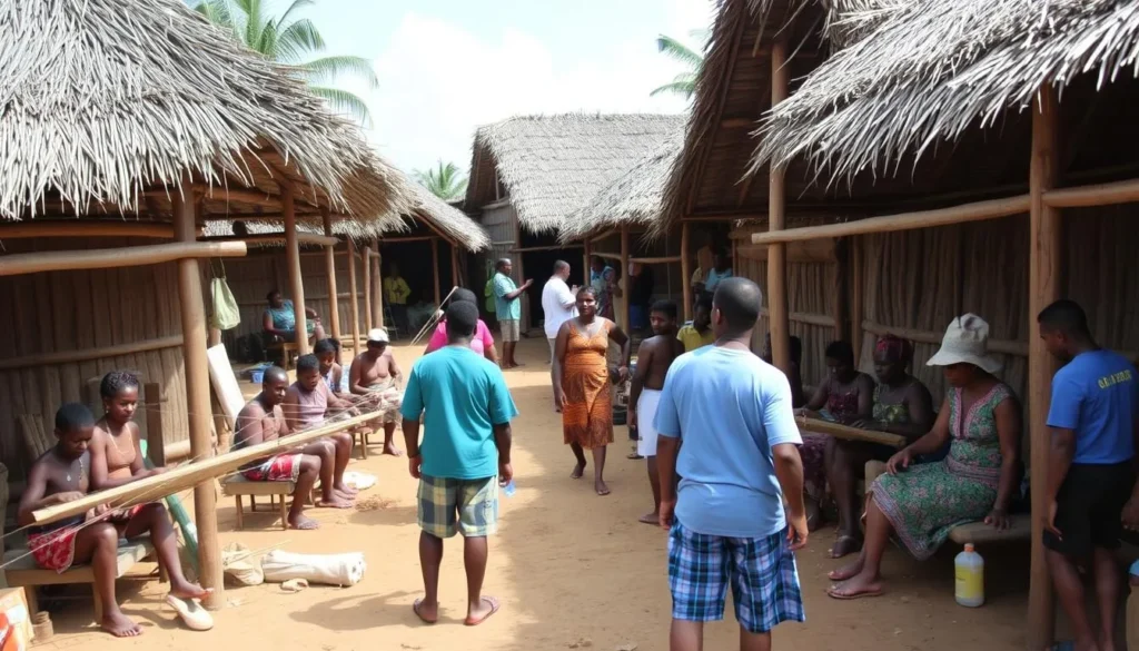 Indigenous village near Mabaruma with traditional structures and daily activities