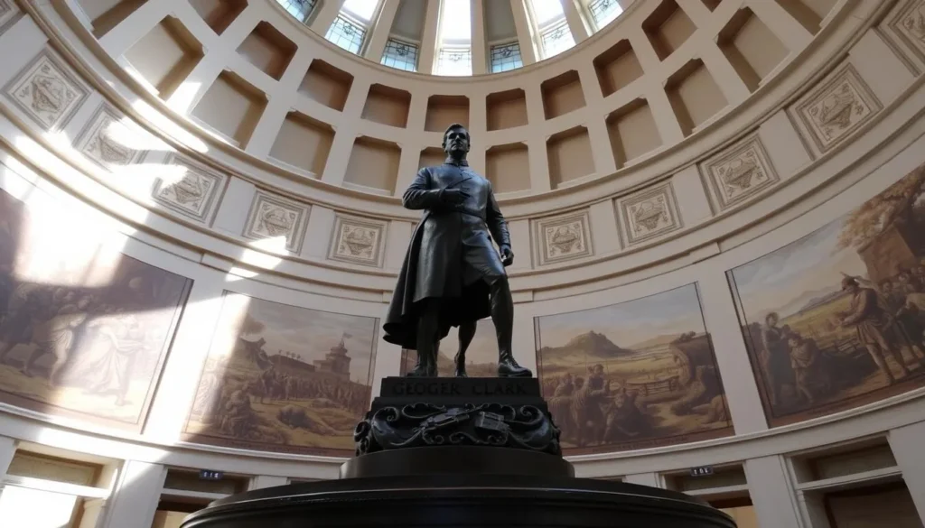 Inside the George Rogers Clark Memorial rotunda showing murals and statue