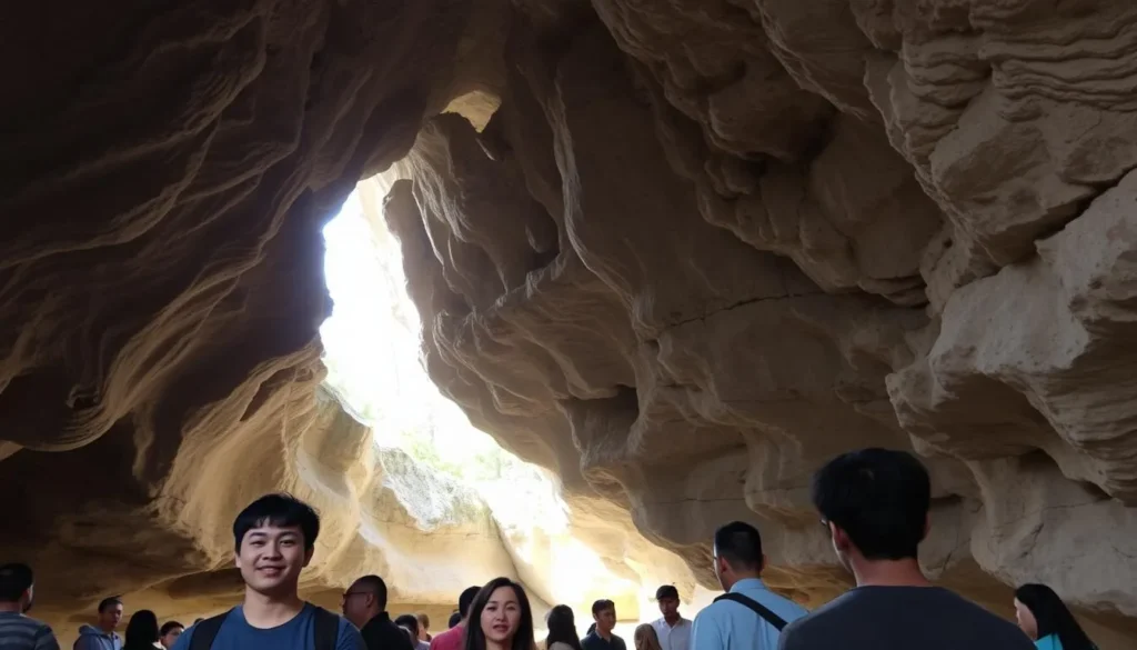 Inside view of the Cave-In-Rock cave showing the natural limestone formation with visitors exploring