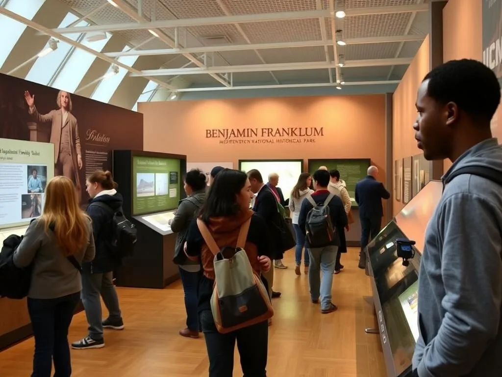 Interactive exhibits at the Benjamin Franklin Museum with diverse visitors Interactive exhibits at the Benjamin Franklin Museum with diverse visitors