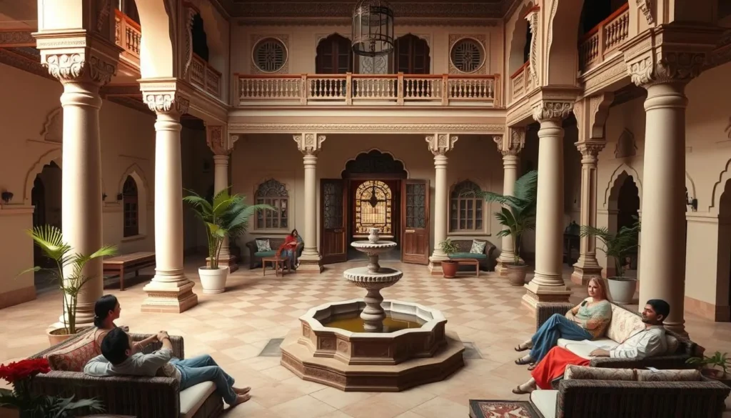 Interior courtyard of a heritage hotel in Jaipur with traditional Rajasthani architecture