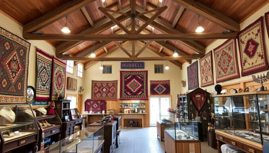 Interior of Hubbell Trading Post showing Native American rugs, jewelry and trading post merchandise