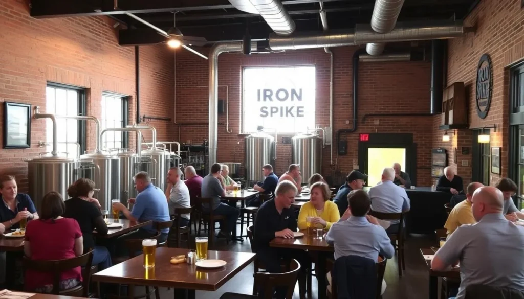Interior of Iron Spike Brewing Company in Galesburg showing the restaurant area with patrons enjoying meals Interior of Iron Spike Brewing Company in Galesburg showing the restaurant area with patrons enjoying meals
