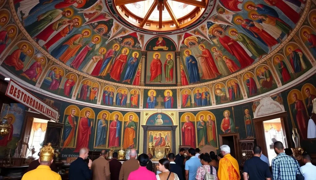Interior of Narga Selassie Monastery showing colorful religious paintings and artifacts