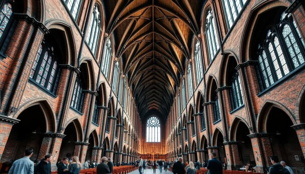 Interior of St. Mary's Church in Lübeck showing its impressive Gothic architecture and high vaulted ceiling