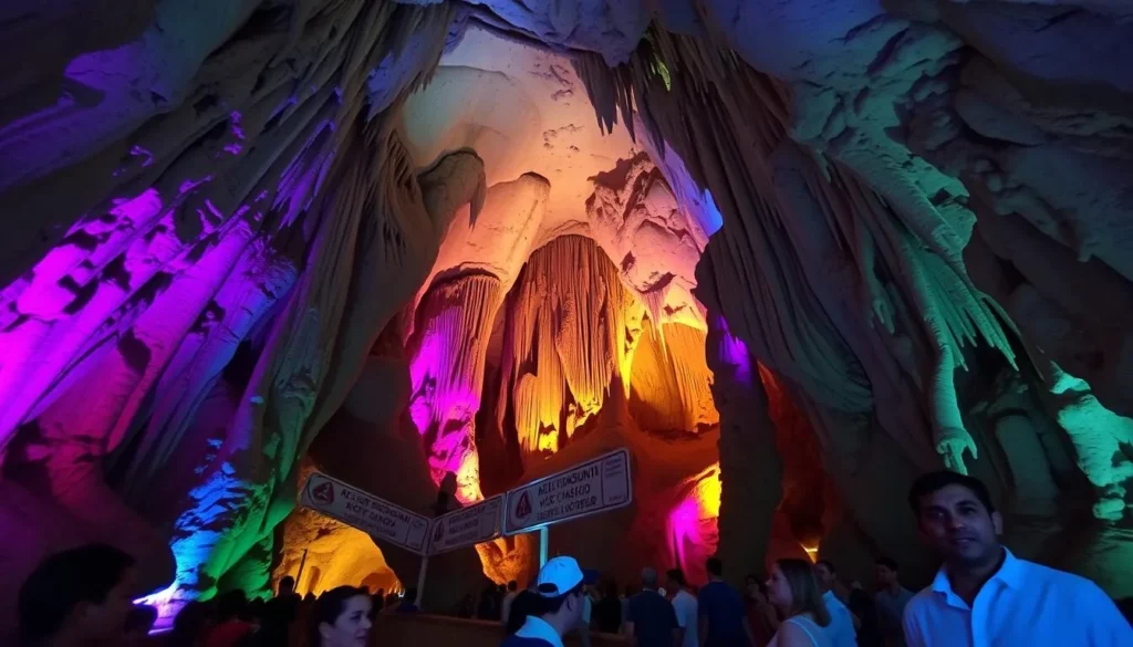 Interior of St. Michael's Cave in Gibraltar showing dramatic stalactites and colorful lighting Interior of St. Michael's Cave in Gibraltar showing dramatic stalactites and colorful lighting