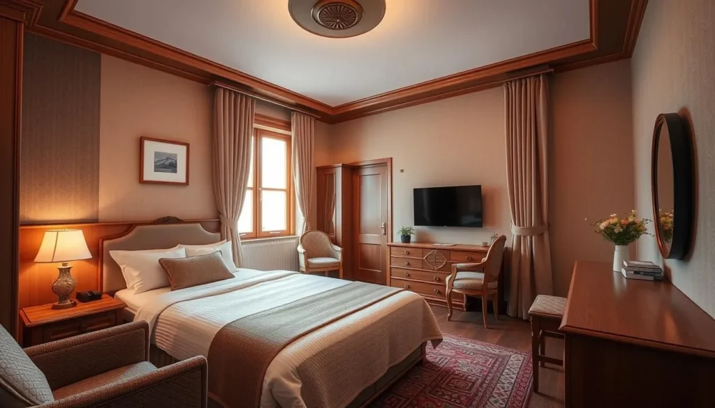 Interior of a boutique hotel in Tomsk showing traditional Russian design elements with modern amenities Interior of a boutique hotel in Tomsk showing traditional Russian design elements with modern amenities