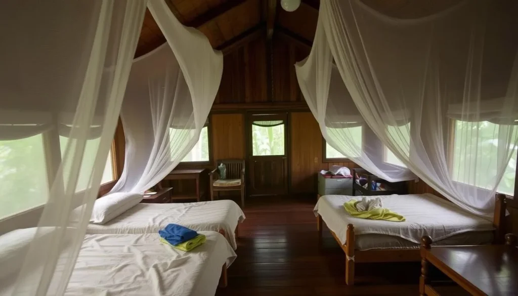 Interior of a cabin at Iwokrama showing beds with mosquito nets and simple furnishings Interior of a cabin at Iwokrama showing beds with mosquito nets and simple furnishings