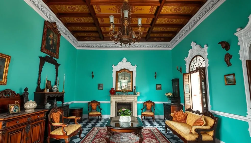 Interior of a colonial casa particular in Cienfuegos with traditional furniture and high ceilings Interior of a colonial casa particular in Cienfuegos with traditional furniture and high ceilings