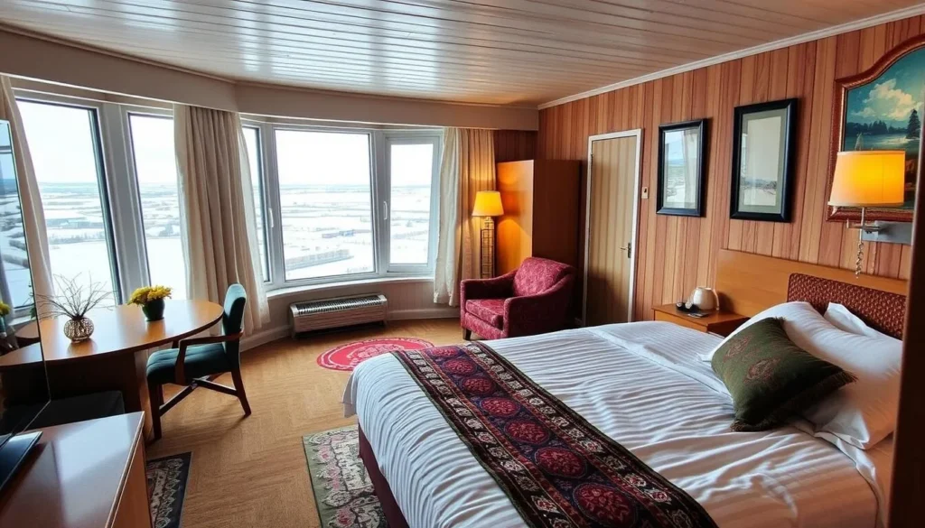 Interior of a cozy hotel room in Anadyr with traditional Chukchi decorative elements Interior of a cozy hotel room in Anadyr with traditional Chukchi decorative elements
